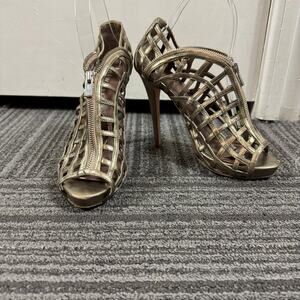 H Williams Rueda gold strappy ankle stiletto heels.  Metallic full zip.